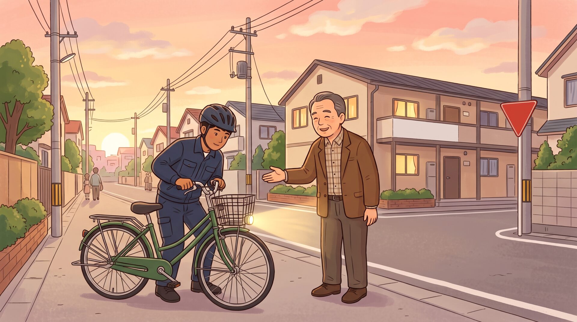 社員寮の前で、支援担当者が外国人材の男性に自転車のライトと止まれの標識を教えているイラスト