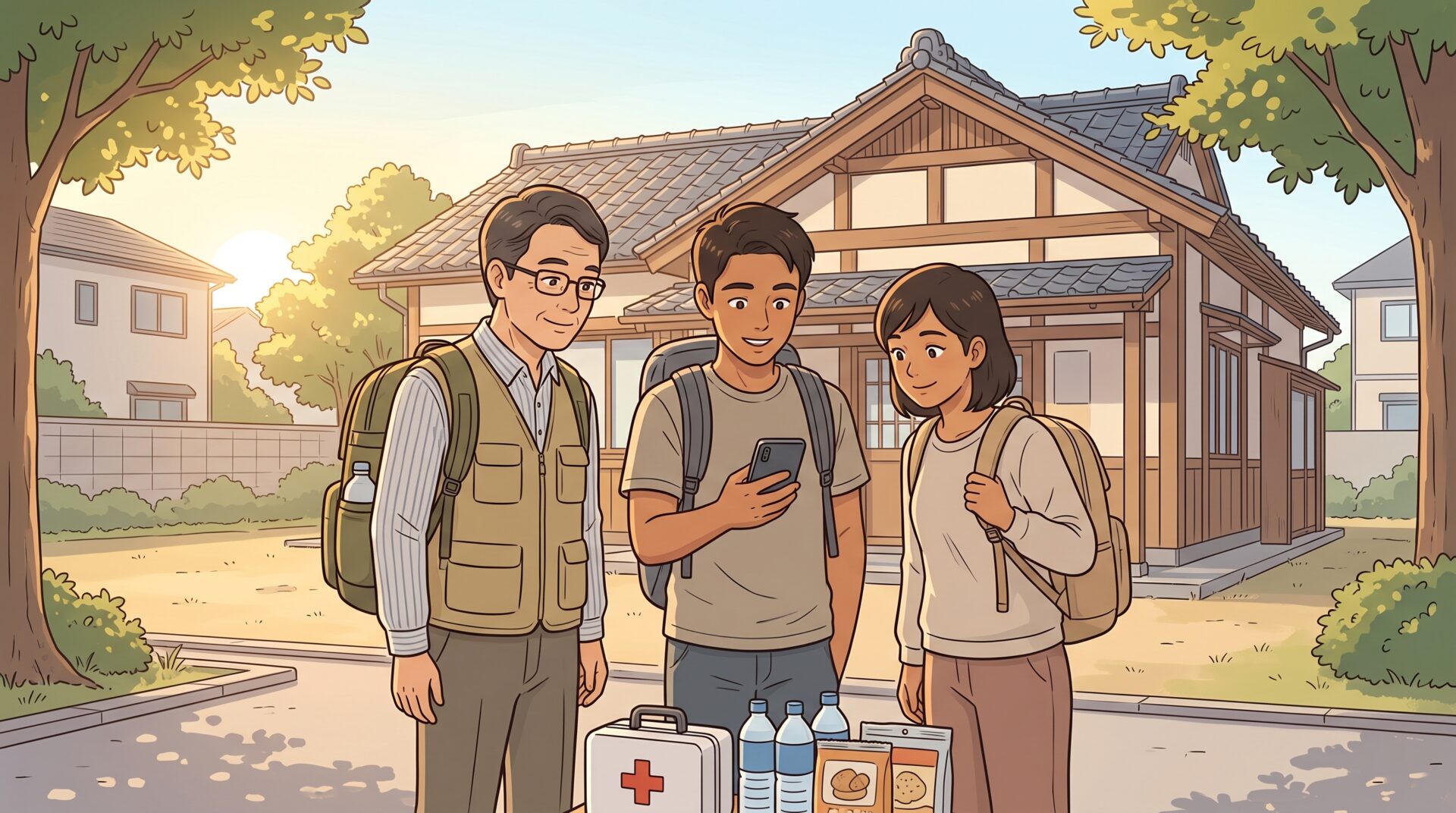 公民館の前で、支援担当者と外国人材の若者二人が防災リュックを背負い、スマートフォンを一緒に見ているイラスト
