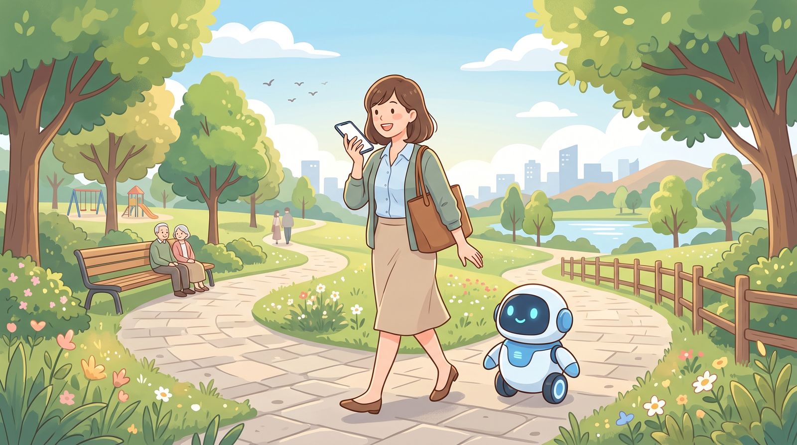 散歩道を歩きながらスマートフォンに話しかける会社員と、隣を歩く小さなロボットのイラスト