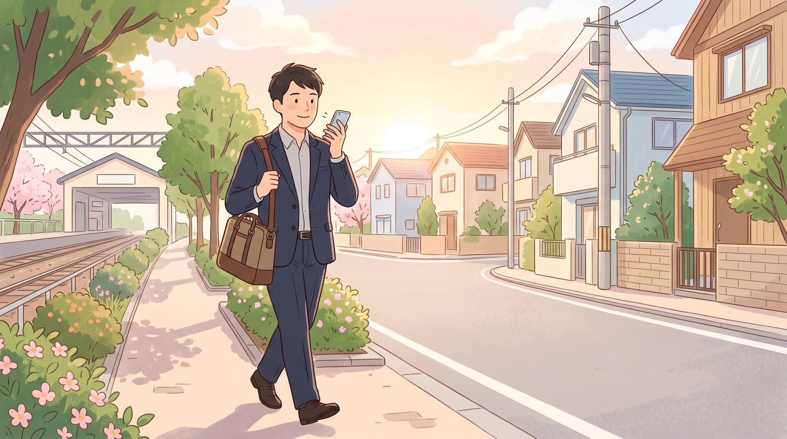 朝の通勤途中にスマートフォンに話しかけ、すっきりした表情の会社員のイラスト