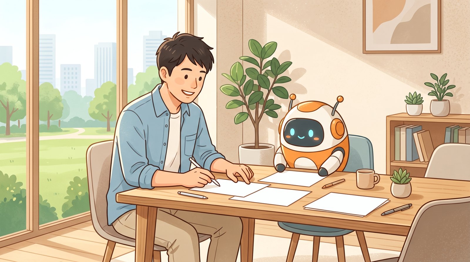 会議室で会社員とロボットの相棒が並んで、提案の準備をしているイラスト