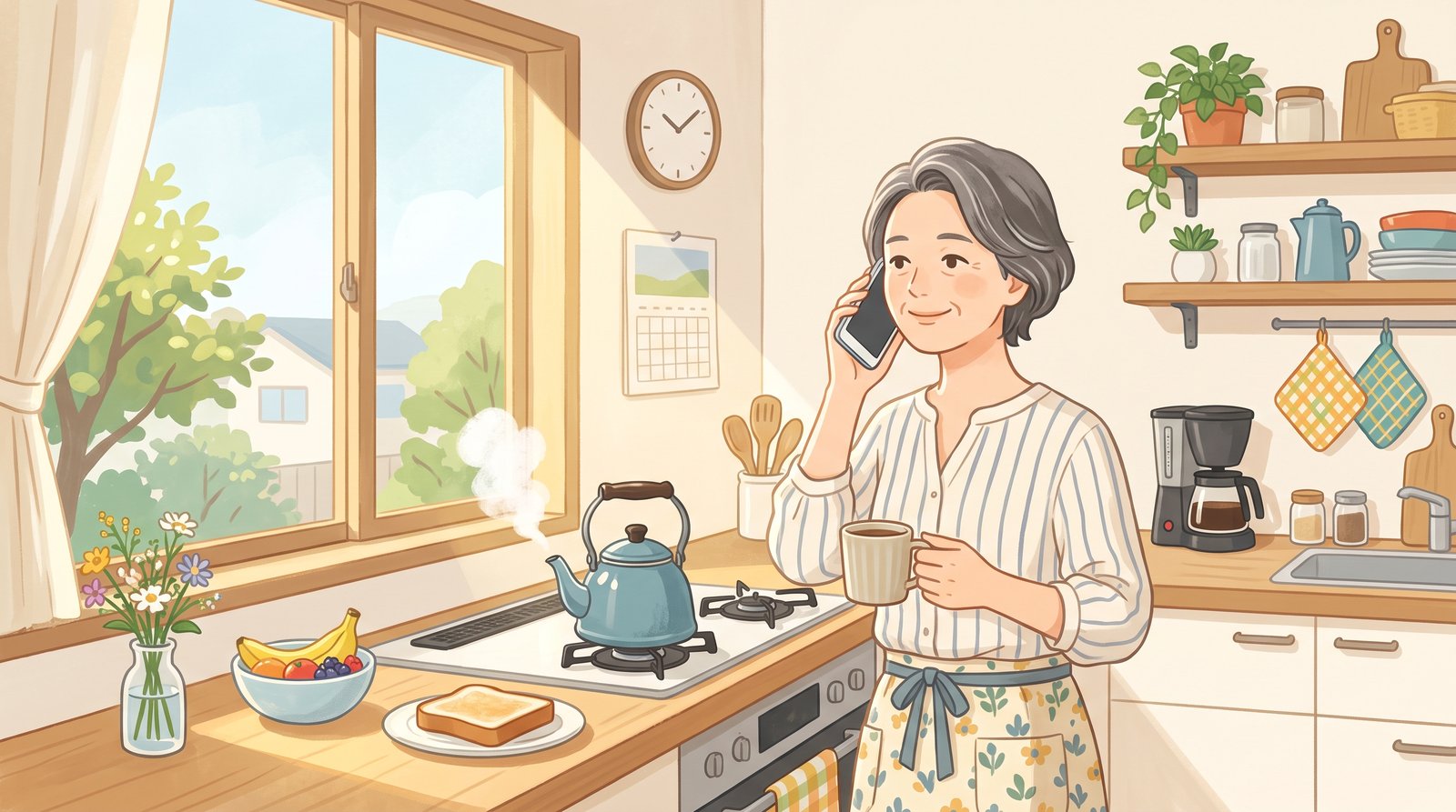 朝のキッチンでお湯が沸くのを待ちながら、スマートフォンに話しかけている人のイラスト