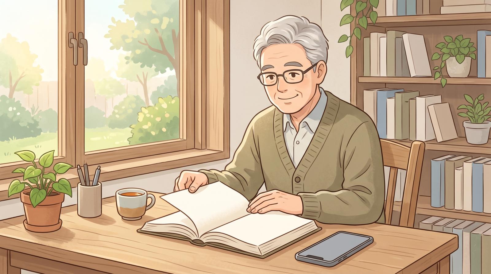 机の上で本を読みながら、横にスマートフォンを置いている人のイラスト