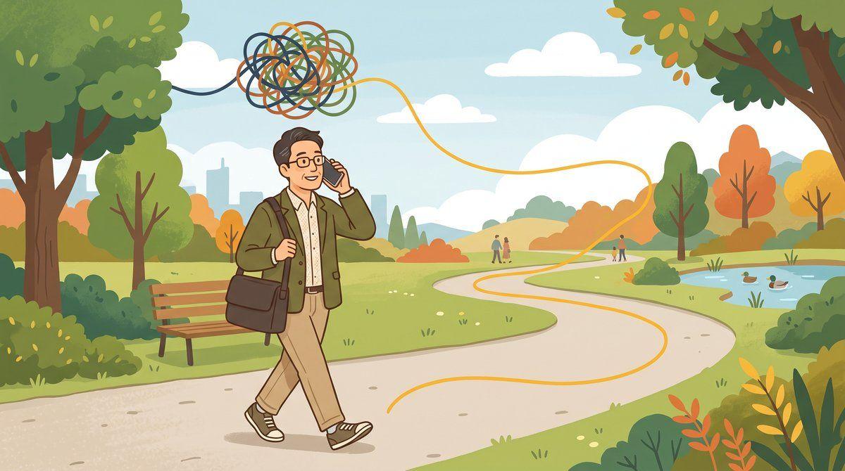 散歩道を歩きながらスマートフォンに向かって話している人の頭の上で、絡まった糸が少しずつほどけて一本の線になっていくイラスト