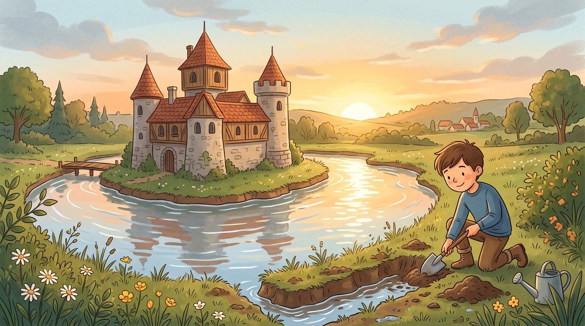 お城のまわりの水堀を、人が小さなスコップで毎日少しずつ掘り広げているイラスト