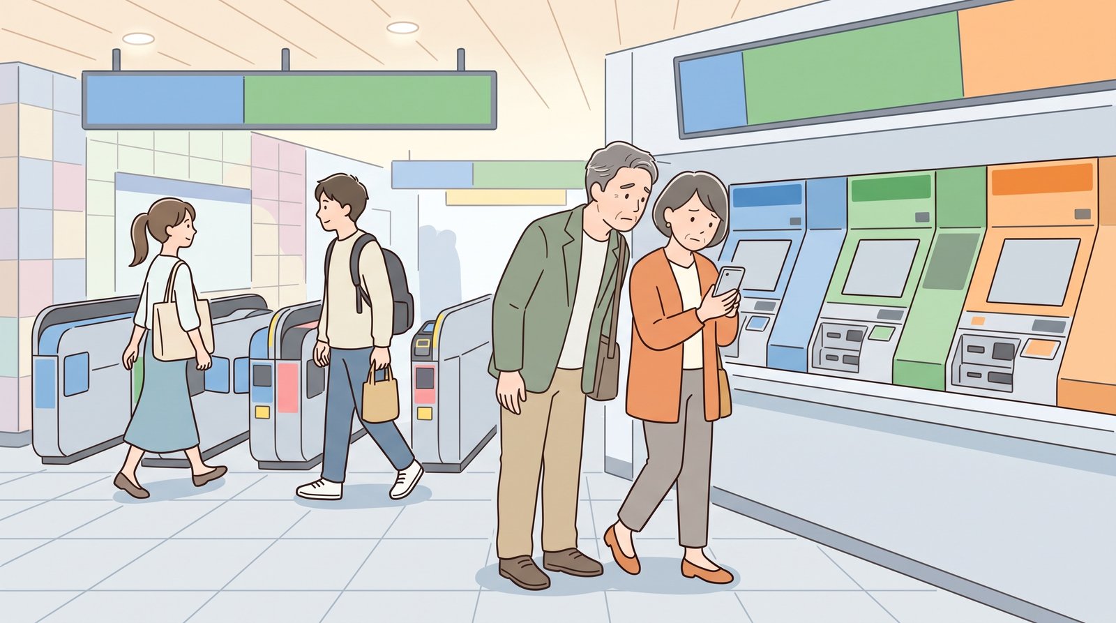 駅の切符売り場の前で迷っている50代の男女のうち、一人がスマートフォンを手に一歩踏み出そうとしているイラスト