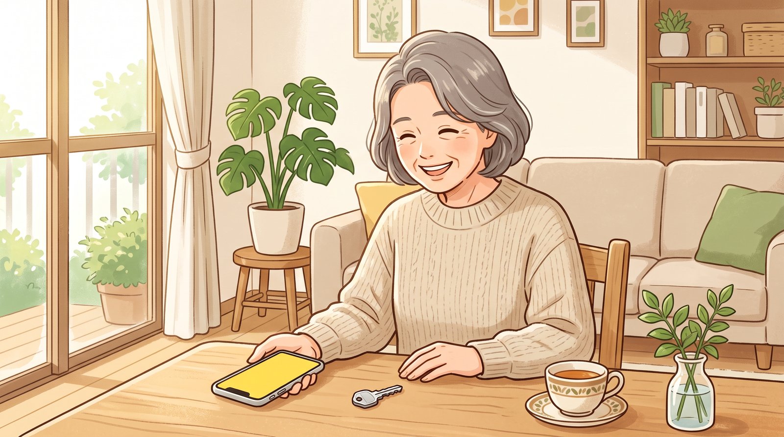 リビングで60代の女性がスマートフォンを見ながら、手元の鍵に気づいて笑顔になっているイラスト