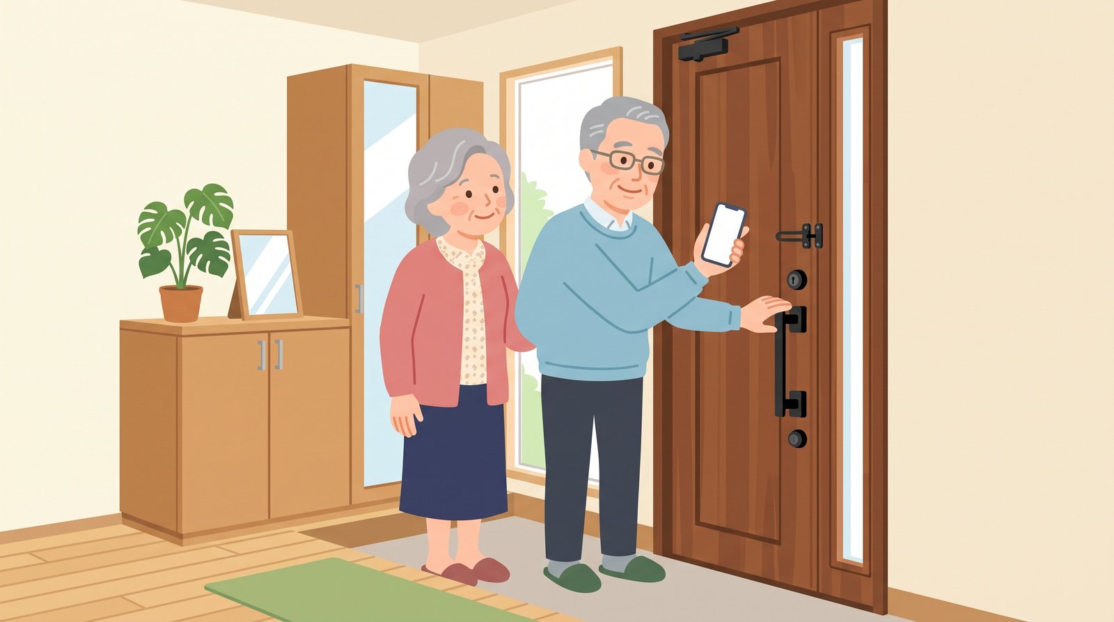 明るい玄関で、60代の男性がスマートフォンを手に二つの鍵が付いたドアを確かめているイラスト