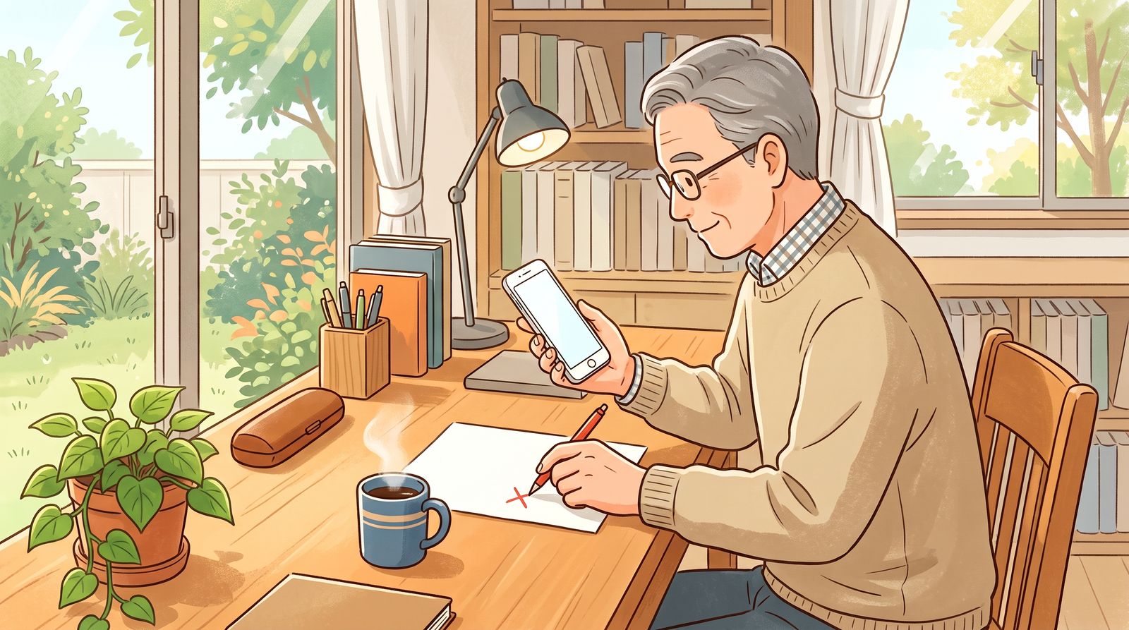 書斎の机で、60代の男性がスマートフォンを片手に、印刷した紙に赤ペンで印を付けて見直しているイラスト