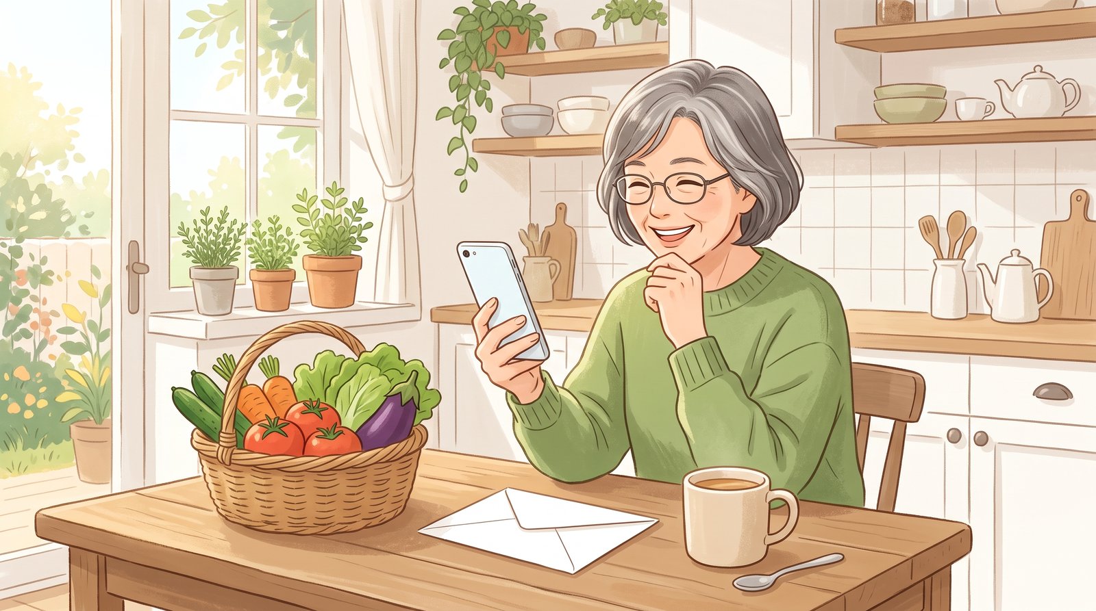 朝の台所のテーブルで、60代の女性がスマートフォンを見ながら楽しそうにうなずいているイラスト