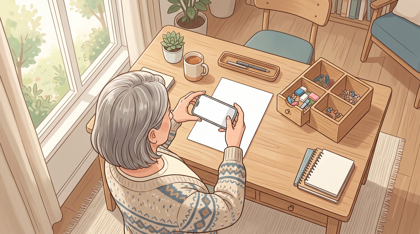 窓辺の明るい部屋で、60代の女性が机の書類を真上からスマートフォンで撮影しているイラスト