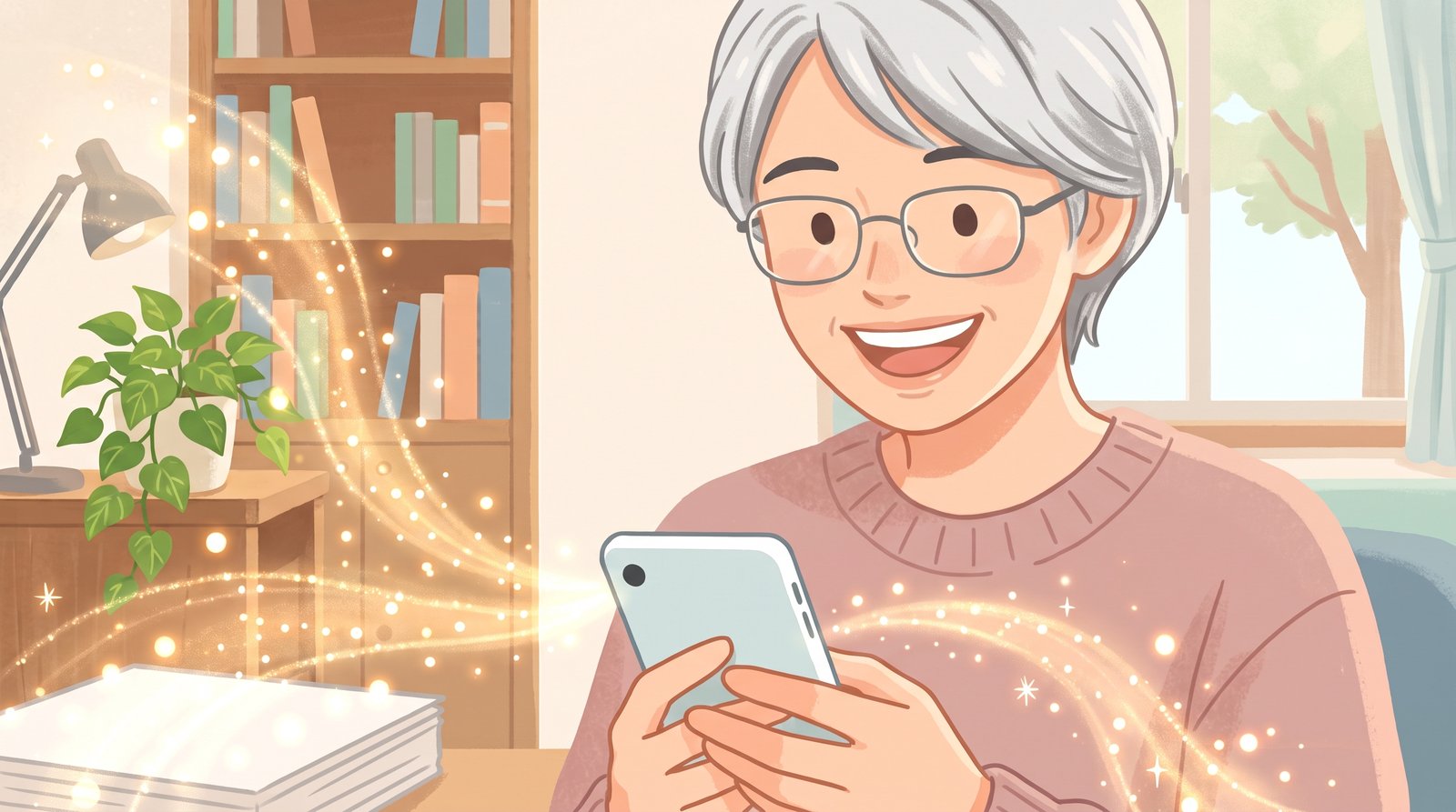 書斎で、60代の女性が自分の書類の束を前にスマートフォンを見てうなずいているイラスト