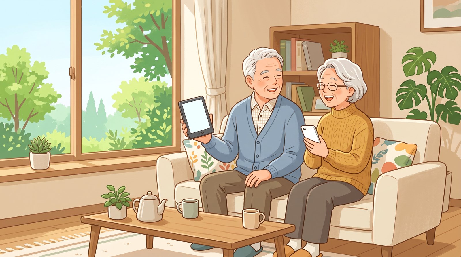 朝の光が差すリビングで、60代の夫婦が電子書籍リーダーとスマートフォンを手に楽しそうに話しているイラスト