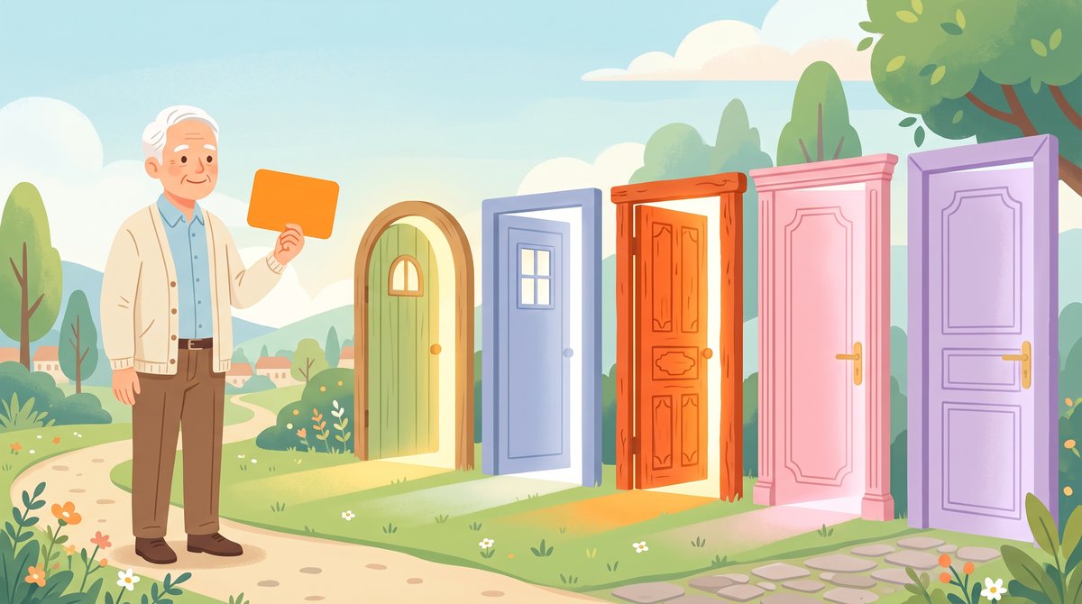 一枚のカードを手にした人の前に形の違う扉がいくつも並び、どの扉も開いているイラスト