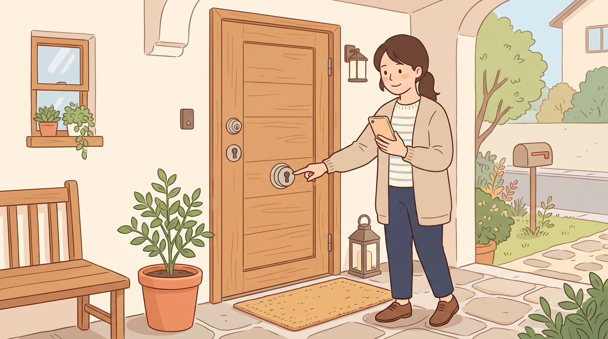 玄関のドアに鍵が二つ付いていて、女性がスマートフォンを手に鍵を確かめているイラスト