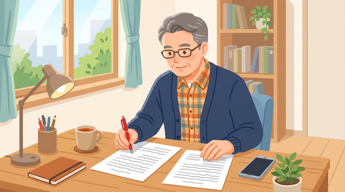 机の上で、60代の男性がAIの書いた下書きの紙に赤ペンで印を付けながら、手元の書類と見比べているイラスト