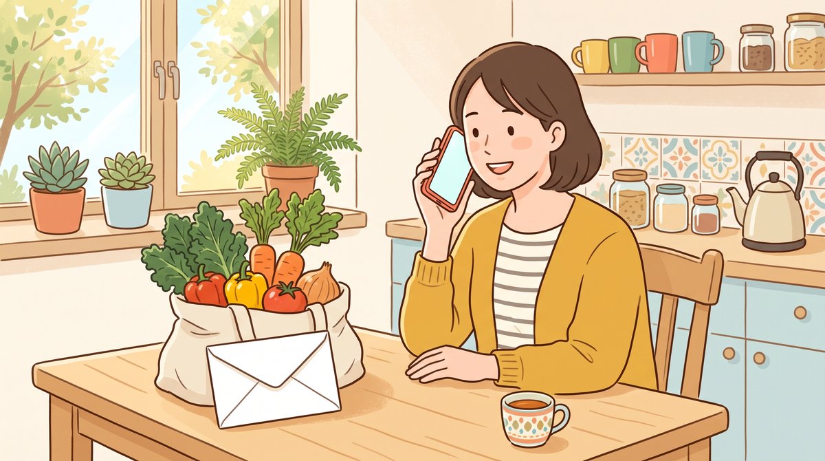 台所のテーブルで、女性が白い封筒と野菜を前に、スマートフォンで話しているイラスト