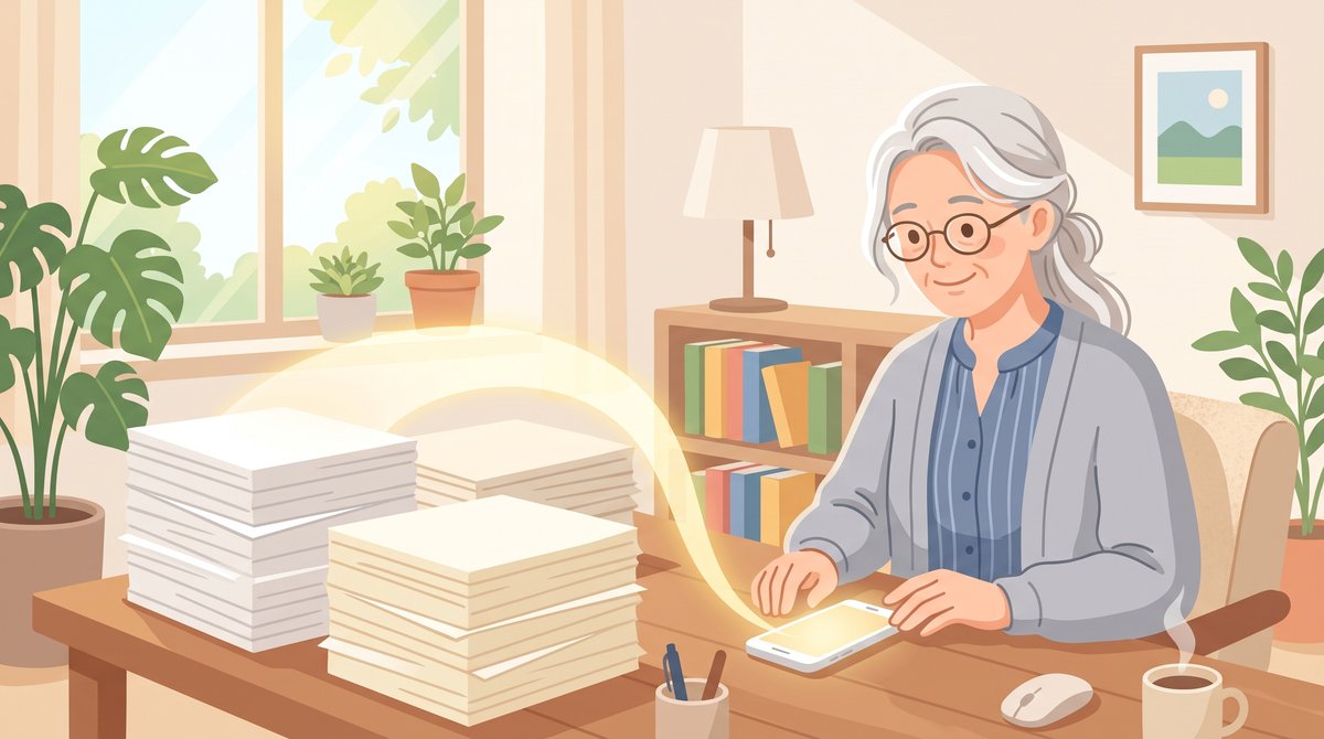机の上に積まれた自分の書類の束から、やわらかな光の線が伸びてスマートフォンにつながり、60代の女性がそれを見てうなずいているイラスト
